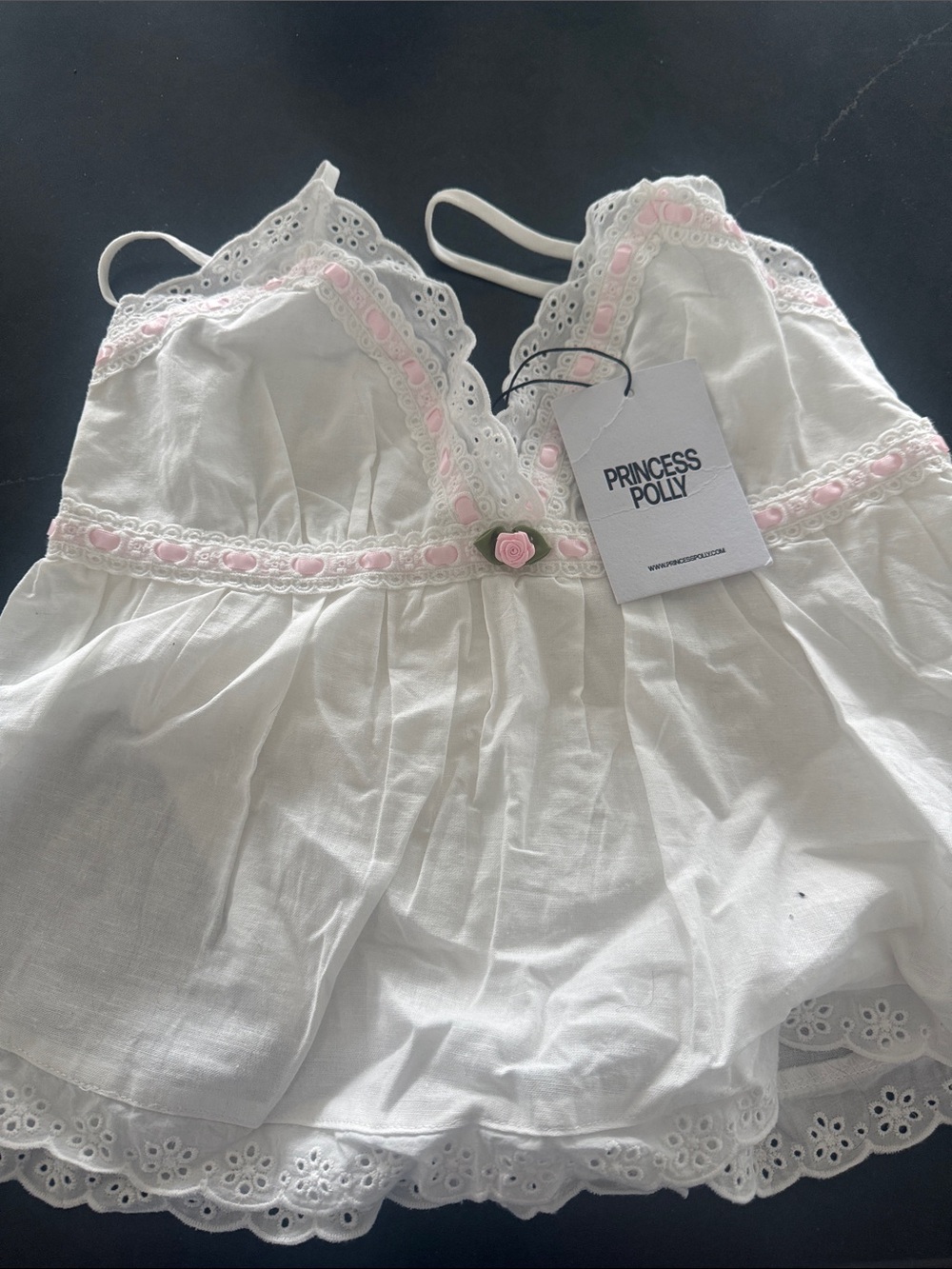 Princess Polly White Eyelet Cami with Pink Rose Trim